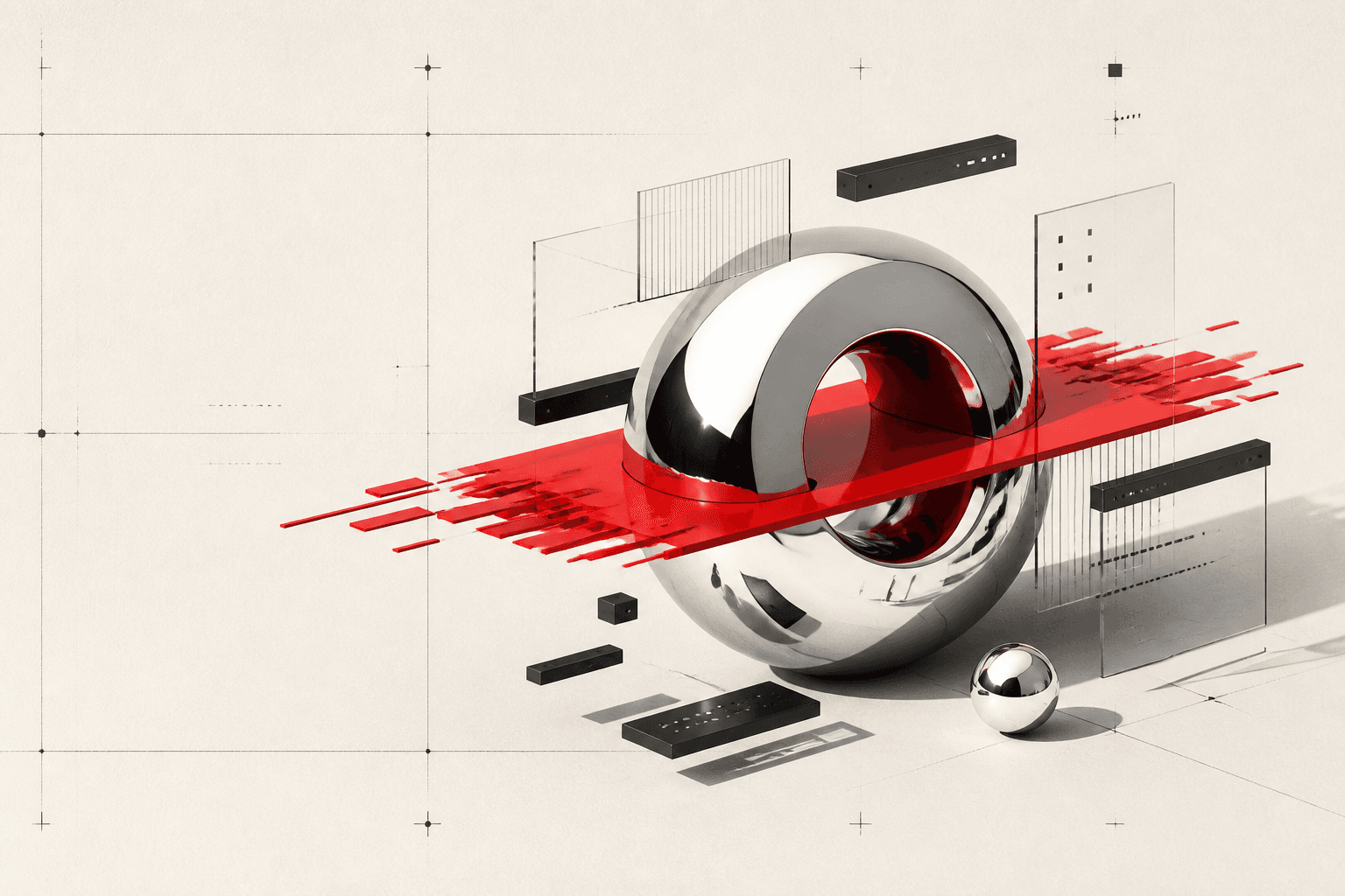 Chrome sculpture crossed by a red plane among interface modules and an editorial grid