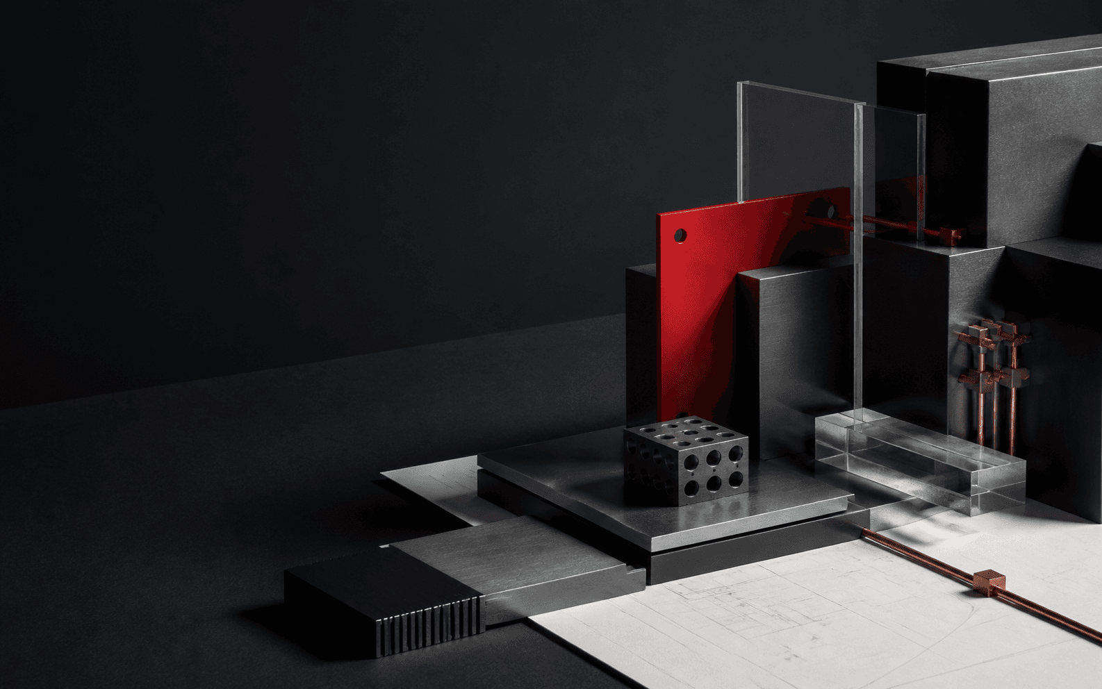 Modular composition of metal, glass and a red plane representing a digital system